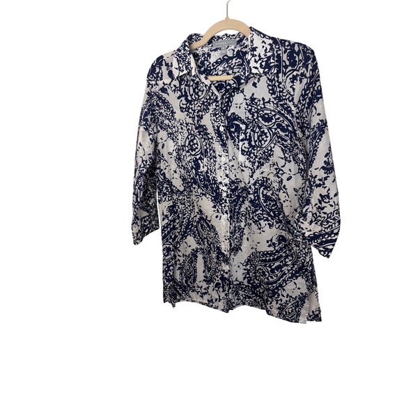 Foxcroft Tops - Foxcroft Blue White Paisley Cotton Shaped Fit Tunic Shirt Size 10 Coastal Resort